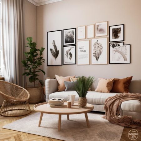 Living room interior with brown sofa, rattan armchair, coffee table and posters.の素材