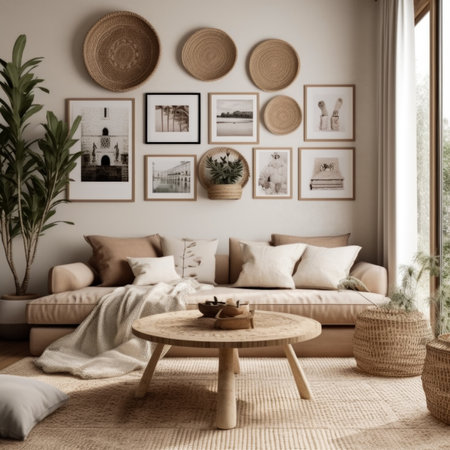 Interior of modern living room with beige sofa and wooden coffee tableの素材