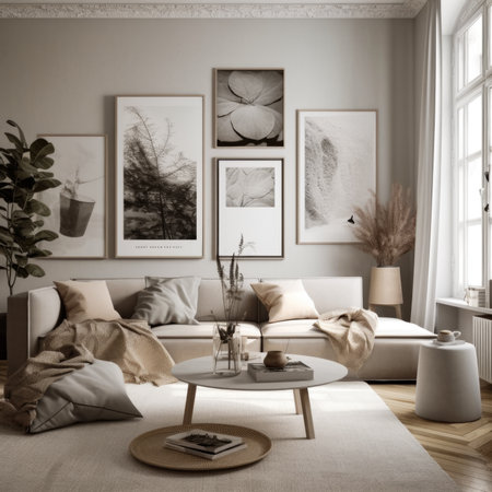 interior of living room with beige walls, wooden floor, comfortable sofa, coffee table and posters.の素材