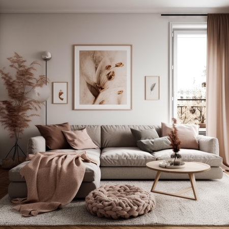 Cozy living room interior with beige sofa, coffee table and posters on wall.の素材