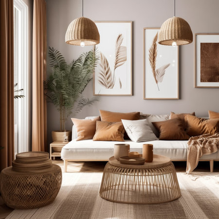 Interior of modern living room with brown sofa, pillows and wooden coffee table.の素材