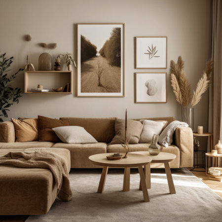 Modern living room interior with brown sofa, coffee table and posters on wall.の素材