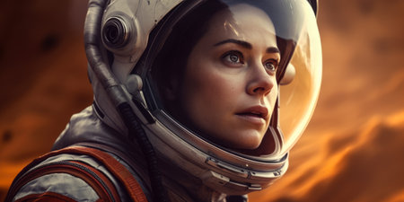 Beautiful young woman cosmonaut in helmet on the planet Mars.の素材