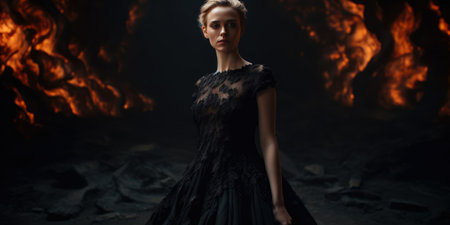 beautiful woman in black dress on hell backgroundの素材