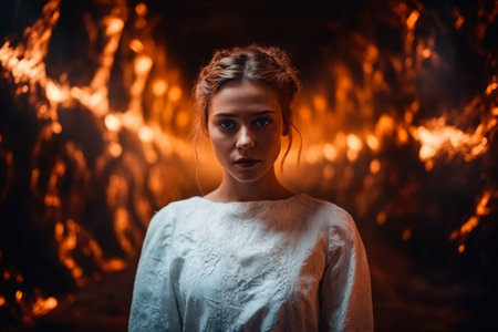 beautiful woman in a white dress on the background of hellの素材