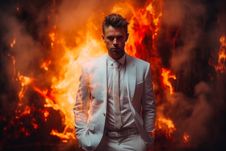 a man in a white suit against the backdrop of hellの素材