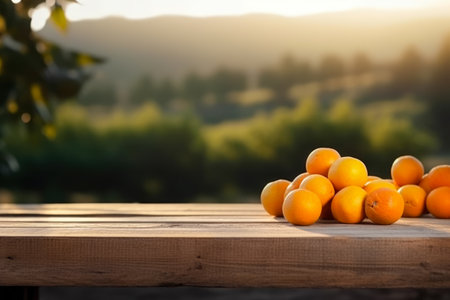 Ripe tangerines on a wooden table against the background of the sunsetの素材