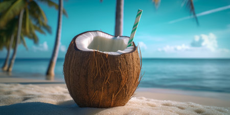Coconut cocktail in coconut shell on sandy beach with palm trees and sea backgroundの素材
