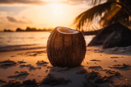 Coconut on the beach at sunset time. beautiful nature backgroundの素材