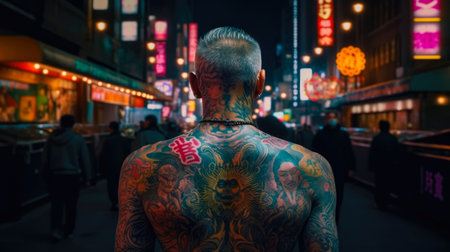 yakuza on the background of a neon cityの素材