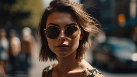 Beautiful girl in sunglasses on the street in the evening. Portrait of a beautiful young woman.の素材