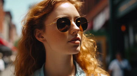 Close-up portrait of a beautiful red-haired girl in sunglasses on the street.の素材