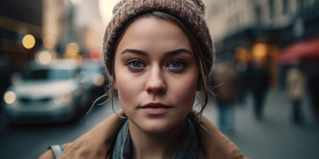 beautiful young woman in beret and coat looking at camera in cityの素材