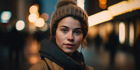 Portrait of a beautiful young woman in the city at night.の素材