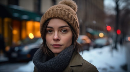 Portrait of a beautiful young woman in a hat and coat on a winter streetの素材