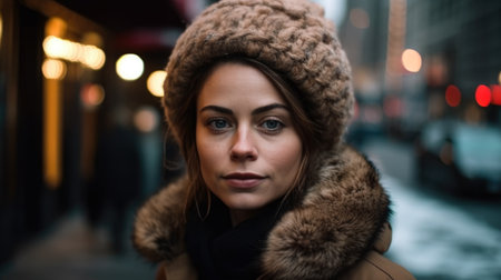Portrait of a beautiful young woman in a winter hat and coatの素材