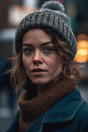 Portrait of a beautiful girl in a hat and coat on the streetの素材