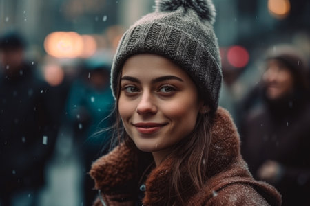 Beautiful young woman in a warm hat and coat walking in the city.の素材