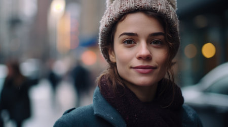 Portrait of a beautiful young woman in a hat and coat in the cityの素材