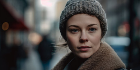 Portrait of a beautiful girl in a gray coat and a gray hat on the background of the city.の素材