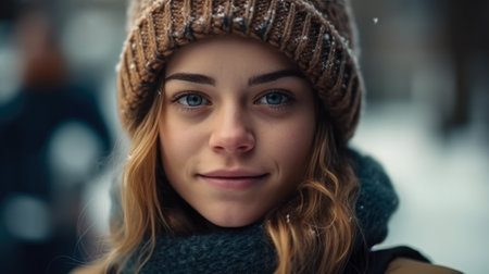 Portrait of a beautiful girl in a knitted hat and scarf in winterの素材