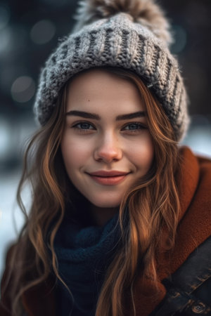 Portrait of a beautiful young woman in a winter hat and scarf.の素材