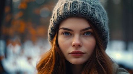 Close-up portrait of a beautiful girl in a knitted hat on the background of the autumn forest.の素材