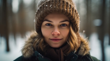Close up portrait of a young beautiful woman in winter hat and coatの素材