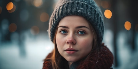 Portrait of a beautiful young woman in a knitted hat and coat on a background of a winter cityの素材