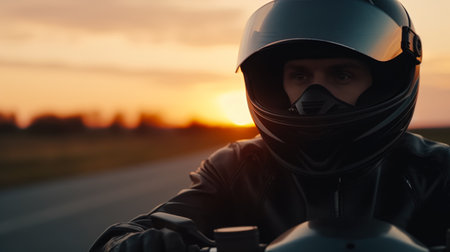 Motorcycle rider in helmet and protective mask on the road at sunset.の素材