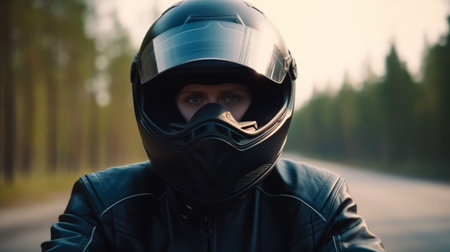 Biker in a black motorcycle helmet on a road in the forestの素材