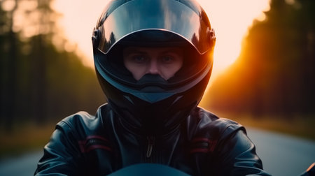 Biker in helmet and black leather jacket on the road at sunset.の素材