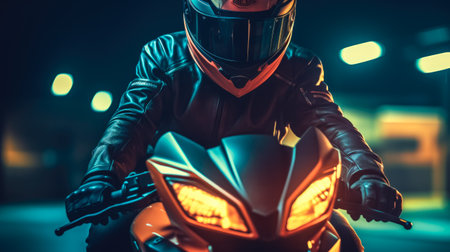 Close-up of a motorcycle biker riding in the night city.の素材