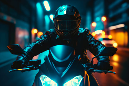 Cyclist in a black leather jacket and helmet rides a motorcycle in the night city.の素材