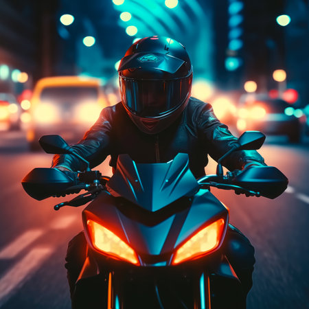 Motorcyclist in a black leather jacket and helmet on a motorcycle in the night city.の素材