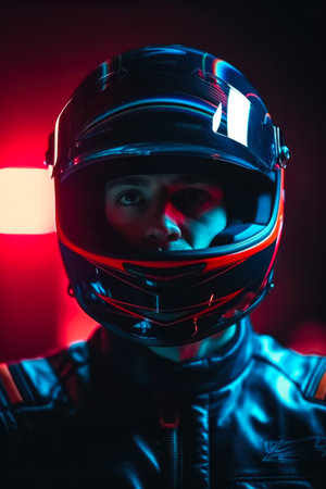 Portrait of a racer wearing a helmet on a dark background.の素材