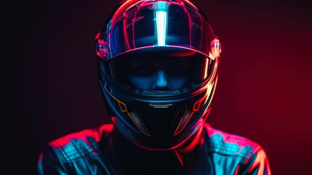 Portrait of a racer wearing a helmet on a dark background.の素材