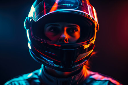 Portrait of a racer wearing a helmet on a dark background.の素材