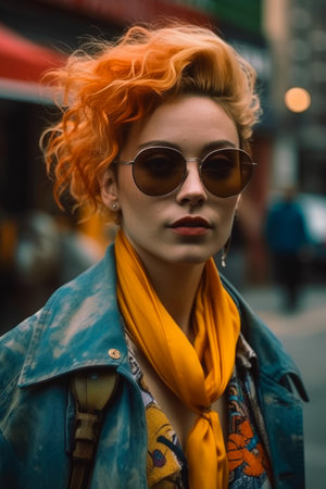 portrait of a woman in the style of 80s fashion, in the big cityの素材