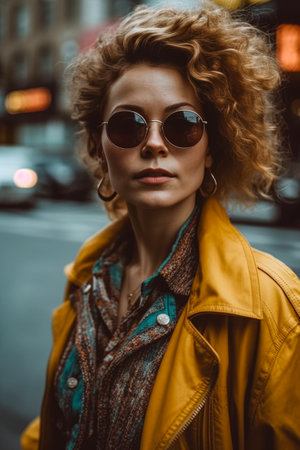 portrait of a woman in the style of 80s fashion, in the big cityの素材