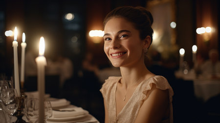 portrait of a smiling woman in a dress in a restaurantの素材