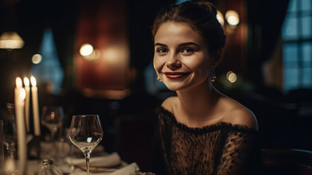 portrait of a smiling woman in a dress in a restaurantの素材