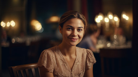 portrait of a smiling woman in a dress in a restaurantの素材