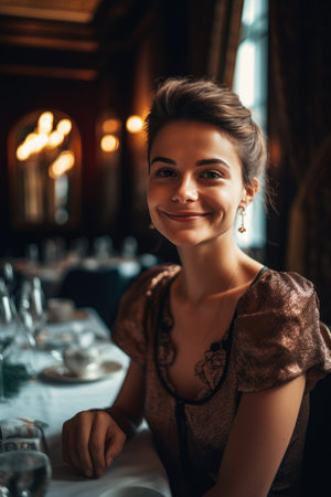 portrait of a smiling woman in a dress in a restaurantの素材
