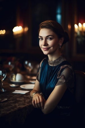 portrait of a smiling woman in a dress in a restaurantの素材