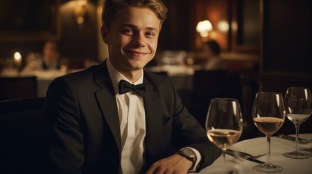 portrait of a smiling man in a suit in a restaurantの素材