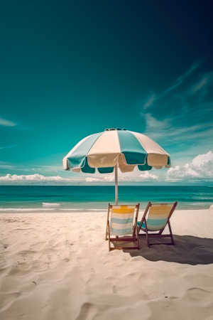 Sunbeds and umbrellas on a tropical beach at Seychellesの素材