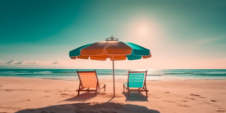 Sunbeds and umbrellas on a tropical beach at Seychellesの素材