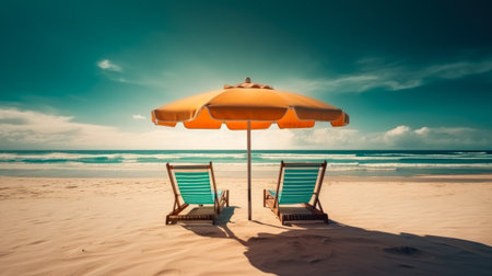 Sunbeds and umbrellas on a tropical beach at Seychellesの素材