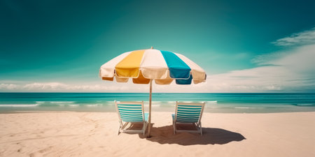 Sunbeds and umbrellas on a tropical beach at Seychellesの素材